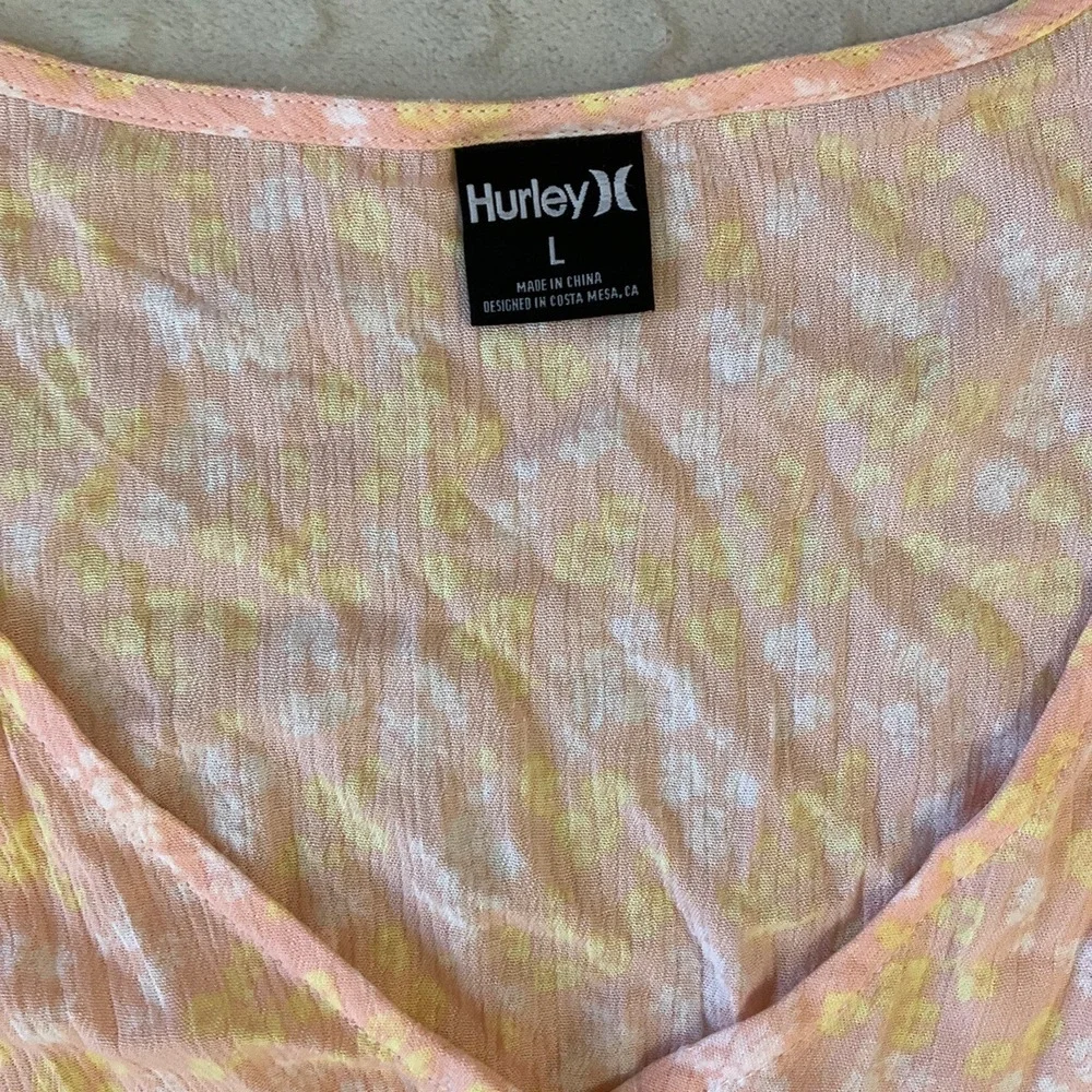 NWT Hurley Peach Floral Light Pink Print V Neck Cinched Waist Dress Large - Picture 2 of 8
